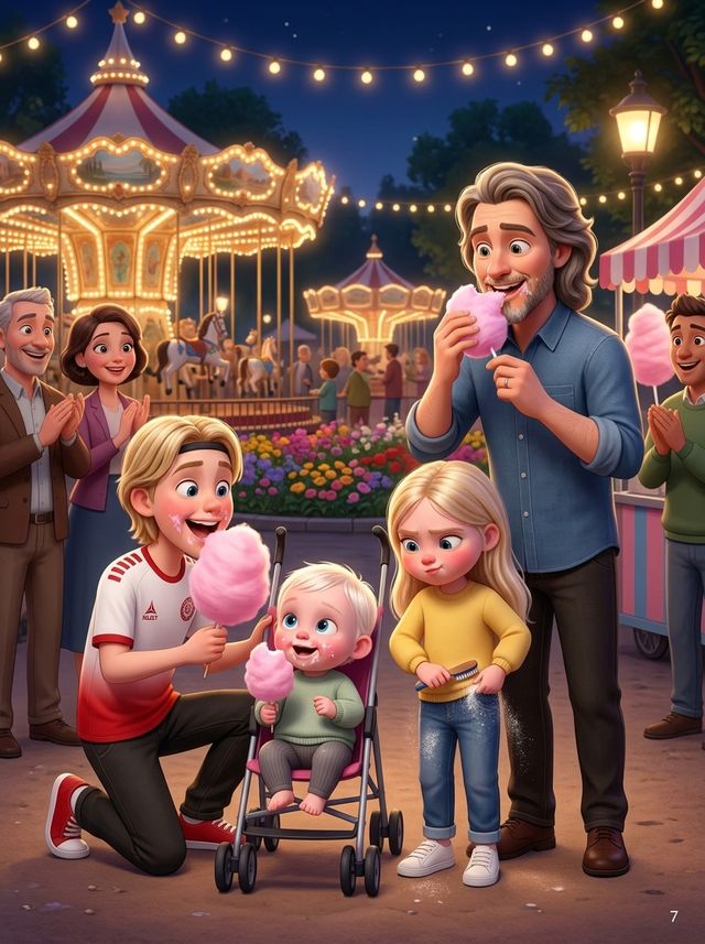 Familie i et lysende tivoli om aftenen